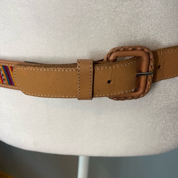 Omega VTG Colorful Cotton Striped and Honey Tan Leather Guatemalan Belt Size L - Picture 3 of 9